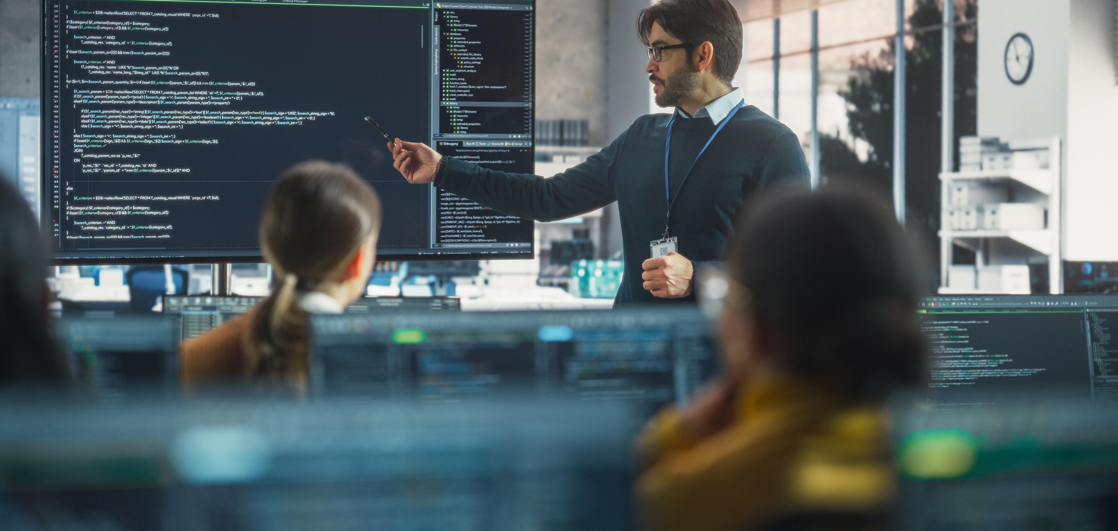 Medizinischer Informatiker zeigt Kollegen aus dem klinischen Informationsmanagement einen Quellcode